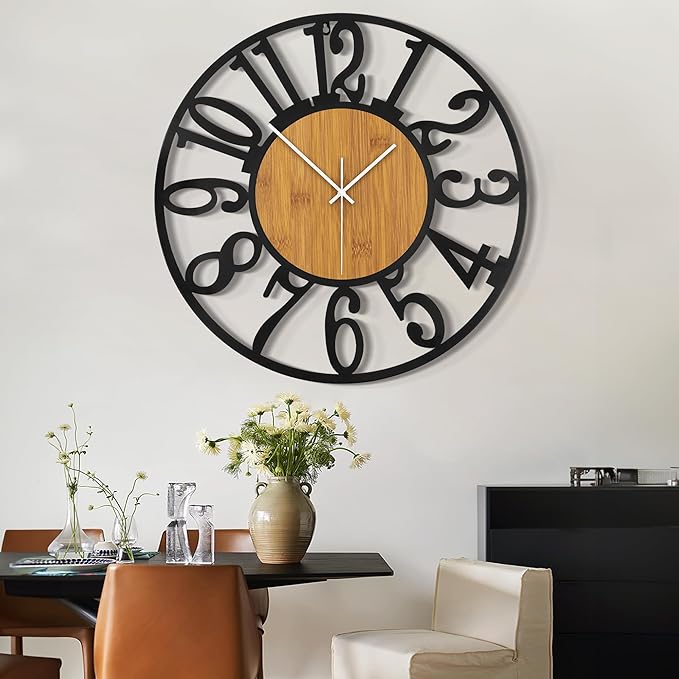 LEIKE 32" Oversized Large Wall Clocks,Silent,Non Ticking,Battery Operated Modern Round Big Wood Decorative Metal Wall Clock for Living Room, Bedroom,Kitchen,Farmhouse,Office Decor - Black,32 Inch-Ruum Studio Home