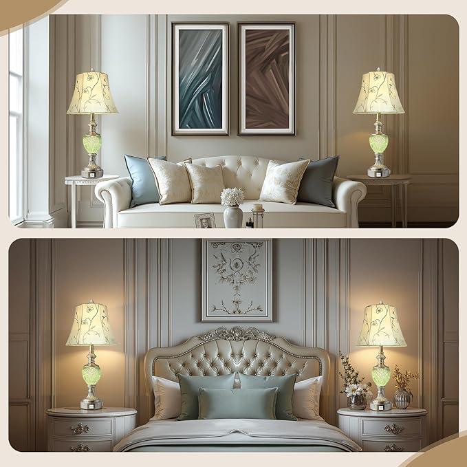 Bedside Table Lamp Set of 2 with Nightlight and USB A+C Ports, 27'' High Vintage Table Lamps with Silver Leaf Finish and Embroidered Shade, Nightstand Lamps Decor for Bedroom Living Room Home Office-Ruum Studio Home