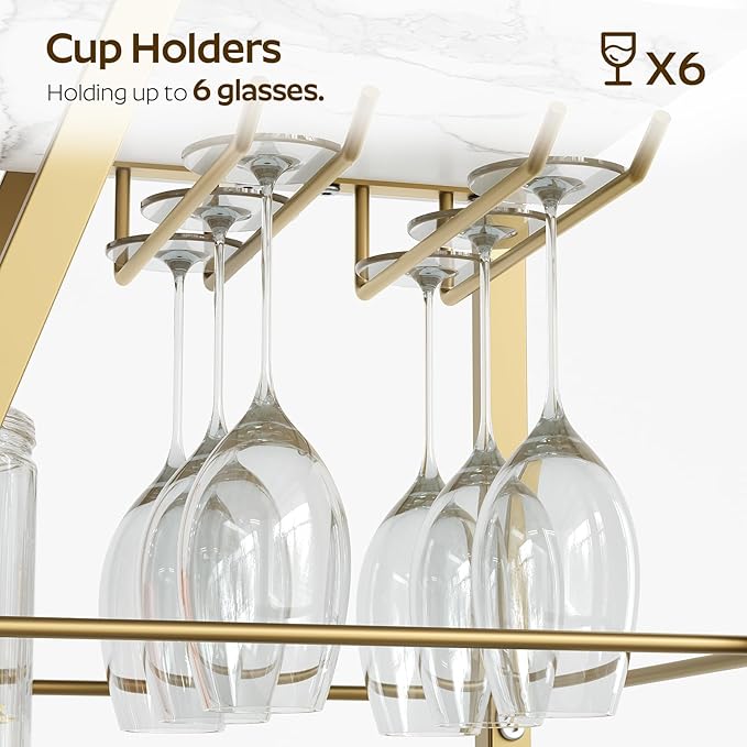 Bar Cart, Gold Bar Cart for The Home, Small Bar Cart on Wheels, Beverage Cart, Home Bar Serving Cart with Glass Holder, Drink Cart for Bar, Kitchen, Dining, Marble White and Gold BC03DW-Ruum Studio Home