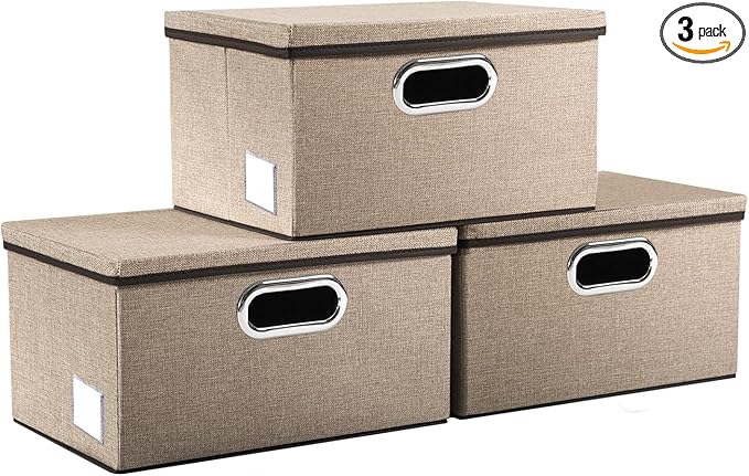 PRANDOM Storage Bins with Lids [3-Pack] Jute Fabric Foldable Storage Boxes Organizer Containers Baskets Cube with Cover for Home Bedroom Closet Office Nursery khaki（11.4X8.6X6.7-Ruum Studio Home