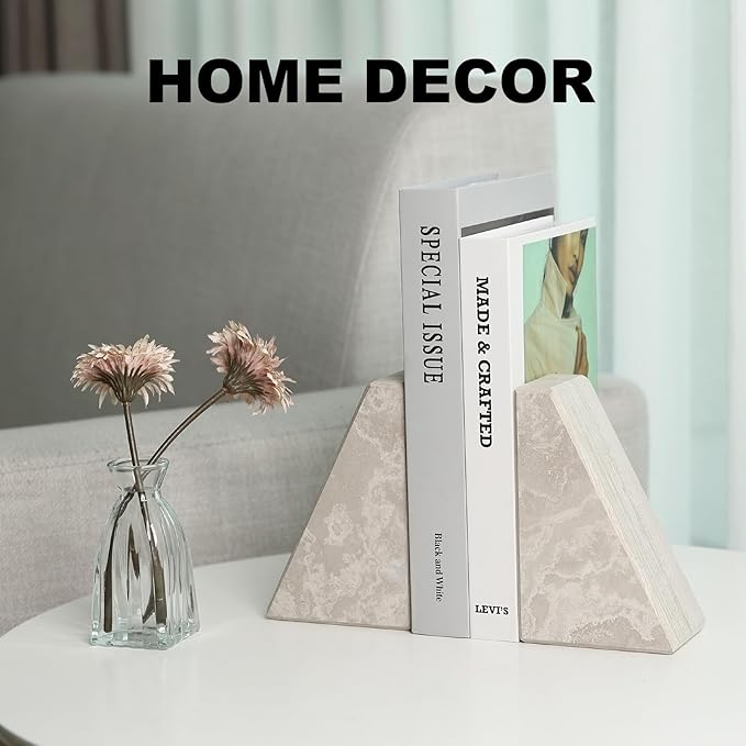 Marble Bookends for Heavy Books, Decorative Book Ends for Shelves, Durable and Heavy-Duty Bookends for Hardback Book & CDS, Off-White Unique Books Stopper & Holder, Set of 2-Ruum Studio Home