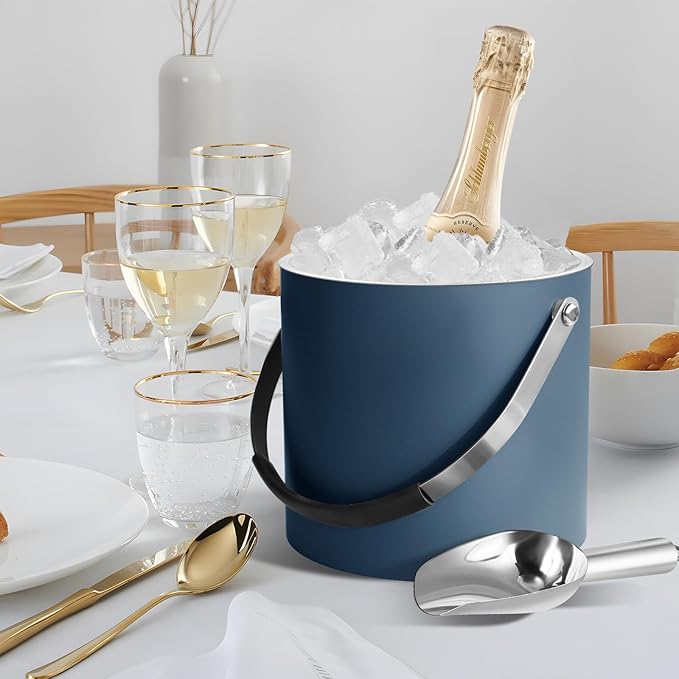 3L Ice Bucket with Silicone Lid, Scoop, Tongs & Strainer, Stainless Steel Double Wall Insulated Ice Buckets for Parties & Cocktail Bar, Outdoor Champagne Ice Container Bin, Navy-Ruum Studio Home