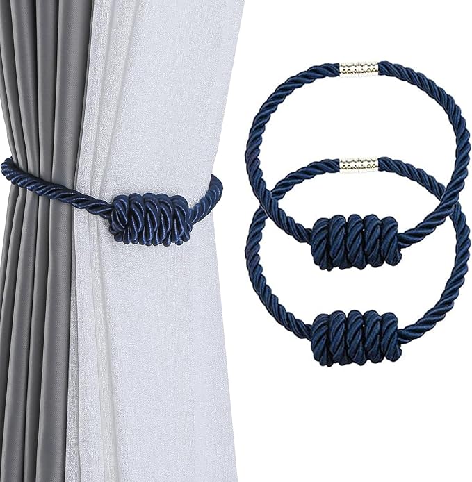 Fenghuangwu 2Pack Magnetic Curtain Tiebacks – Bohemian Style Handmade Woven Tie-Backs for Drapes,Elegant Exquisite Knot Holdbacks,Outdoor Boho & Modern Home Decor（Navy-Ruum Studio Home