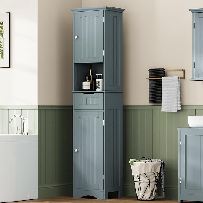 ChooChoo 67" Tall Bathroom Storage Cabinet Freestanding with Adjustable Shelves, Narrow Storage Linen Cabinet with 2 Doors and 1 Drawers for Bathroom, Living Room, Kitchen, Grey-Ruum Studio Home