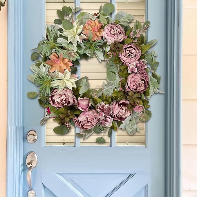 WANNA-CUL 24 Inch Spring Peony Wreaths for Front Door,Succulent Summer Wreath with Pink Peony Floral, Spring Front Door Decor with Succulent Arrangement Decoration-Ruum Studio Home