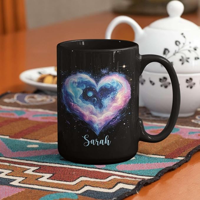 Personalized Love Heart Ceramic Mug, Custom Name Black Cup 11oz Or 15oz, Customized Celestial Themed Coffee Mug, Valentine's Day Themed Keepsake Cup, Gift For Him Her, Heart Mug-Ruum Studio Home