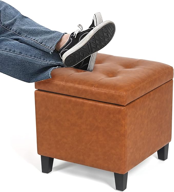 Adeco 17.7" Leather Cube Storage Orange Ottomans for Living Room-Ruum Studio Home