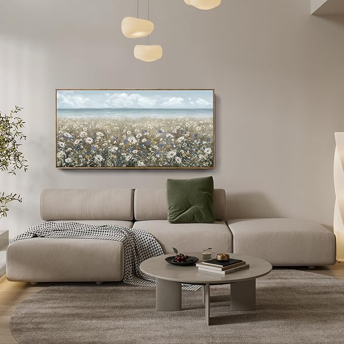 amatop Oversized Wall Art for Living Room Extra Large Farmhouse Boho Framed Beach Coastal Vintage Ocean Floral Canvas Print Daisy Flowers Sea Wall Picture Neutral Nautical Artwork Bedroom Office Decor-Ruum Studio Home