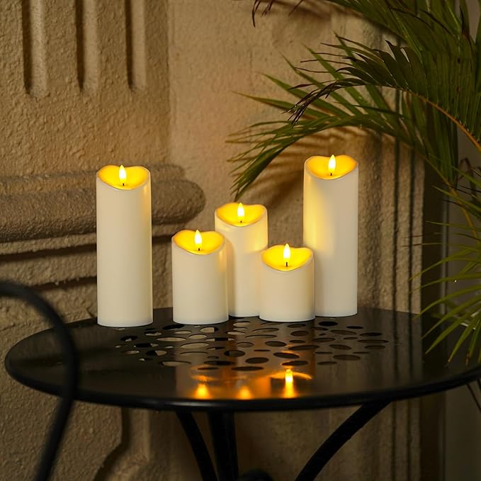Homemory Outdoor Waterproof Flameless Candles, LED Candles, Battery Operated Candles with Remote and Timers, Electric Fake Plastic Pillar Candles, Ivory White, D3 H4 5" 6" 8" 8", Set of 5-Ruum Studio Home