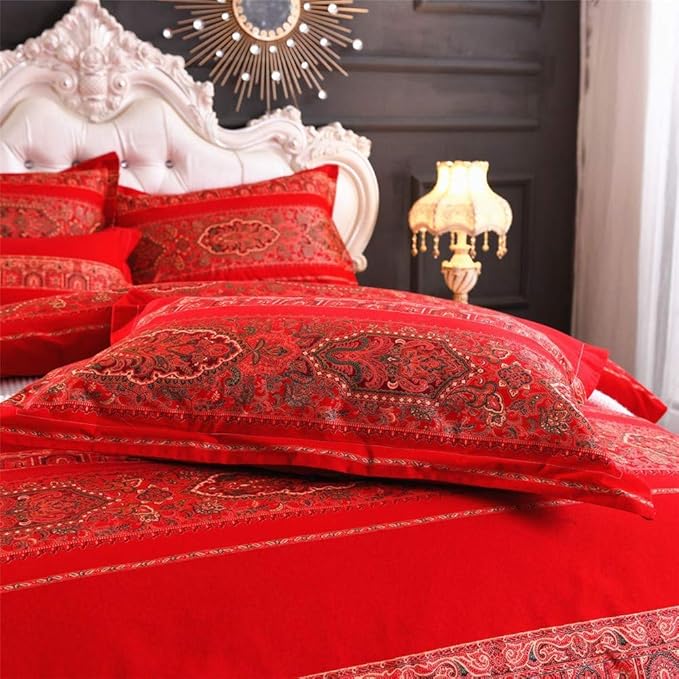 ABREEZE Full Duvet Covers, Bohemian Retro Bedding Set, Coloful Mandala Down Comforter Cover, Boho Floral Style Quilt Cover, 100% Brushed Cotton, 1 Duvet Cover and 2 Pillow Shams,Red-Ruum Studio Home