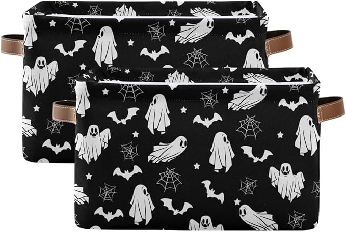 Collapsible Storage Basket Bin Happy Halloween Organizer Cube with Handle, Canvas, Black-Ruum Studio Home