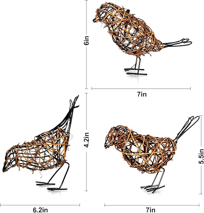 Natural Farmhouse Decor Set of 3 - Handwoven Rattan Bird Statue Table Decor, Multi-Pose Shelf & Mantel Accents-Ruum Studio Home