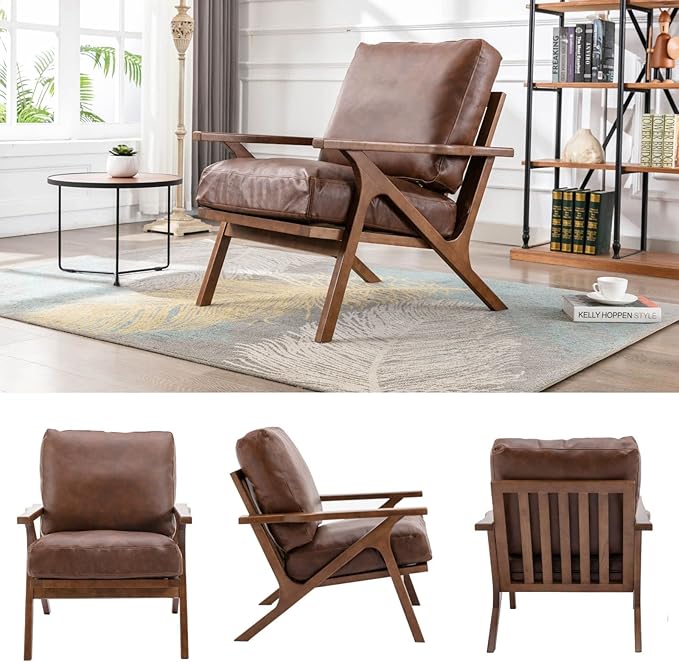 Mid Century Modern Accent Chair with Ottoman, Farmhouse PU Upholstered Living Room Armchair and Ottoman Set, 23" Seat Wide Retro Leisure Lounge Chair with Wood Frame for Home, Bedroom, Office, Brown-Ruum Studio Home