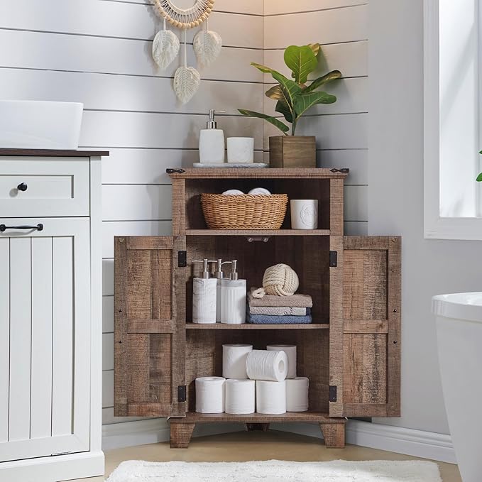 Corner Bathroom Cabinet, Farmhouse Small Corner Cabinet with Barn Door & Adjustable Shelf, Storage Cabinets for Bathroom, Kitchen, Living Room, Rustic Brown-Ruum Studio Home