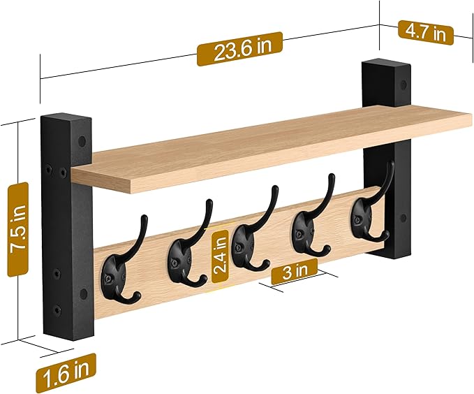 Sorbus Coat Hooks Wall Mount with Shelf – 24 Inch Coat Rack Wall Mount with 5 Heavy Duty Hooks – Floating Wall Shelf with Hooks for Entryway, Bathroom, Bedroom, Kitchen, or Mudroom (Maple Wood)-Ruum Studio Home