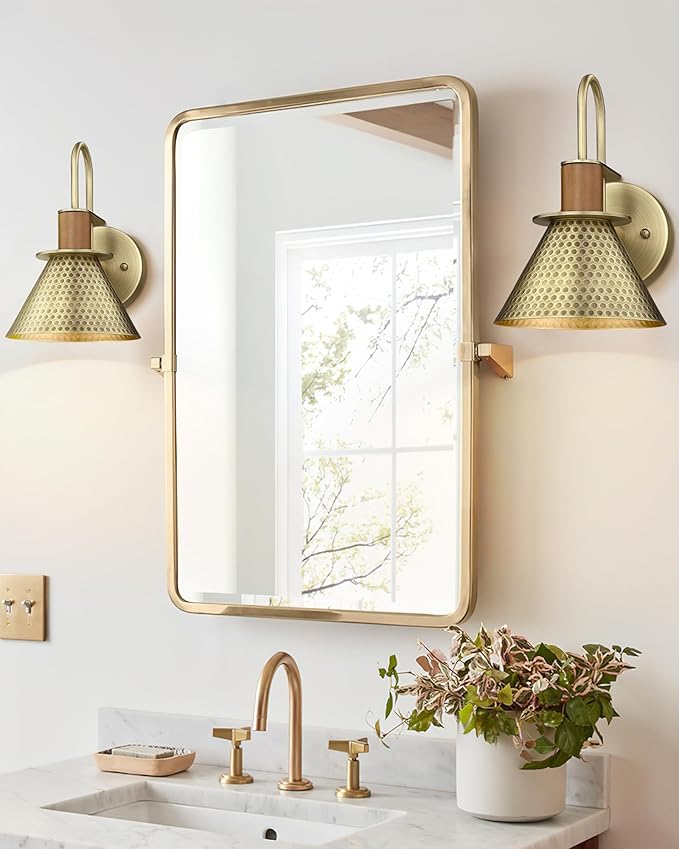 Barn Sconce Wall Lighting, HWH Gooseneck Wall Sconces Indoor Wall Lights, 1-Light Vanity Wall Lamp for Bathroom Bedroom Bedside Kitchen, Hammered Metal Shade, Antique Brass Finish, 5HZG74B BG-Ruum Studio Home