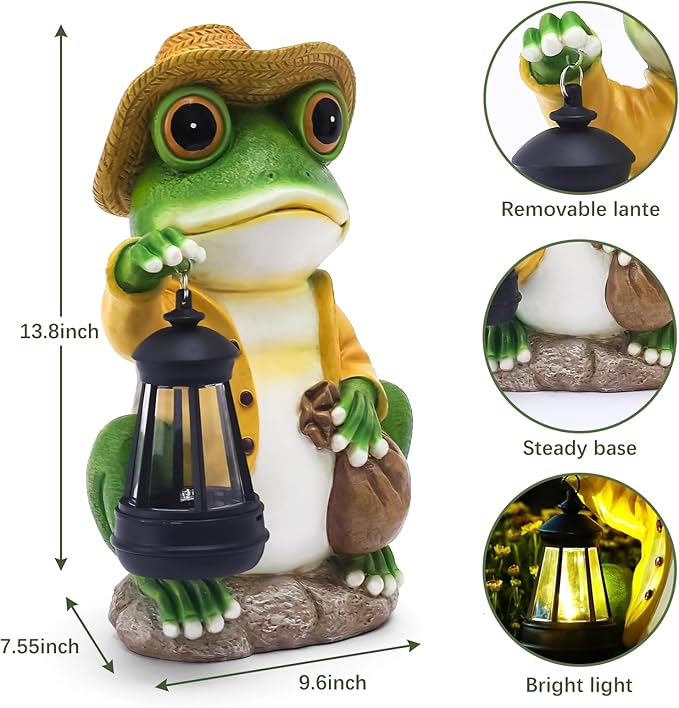 Large Frog Garden Statue, 13.3 Inches Tall, Resin Frog Decor with Solar Lantern for Outdoor Decoration and Housewarming-Ruum Studio Home