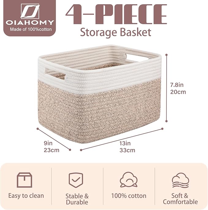 OIAHOMY 4 Pack Storage Baskets for Organizing, Basket for Shelves with Handle, Woven Baskets for Storage Toys, Towels, Books, Cotton Rope Basket 13" L x 9 " W x 7.8 " H, Brown & White-Ruum Studio Home