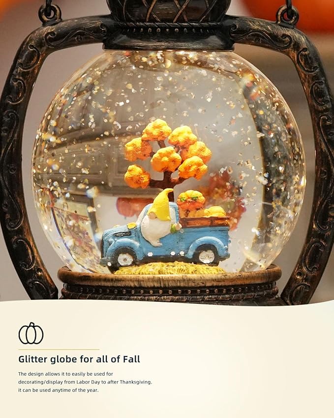 Fall Snow Globes, Blue Truck Pumpkin and Gnome Scene Snow Globes, Glittering Lantern with Timer, Snow Globe Lantern USB or Battery Powered for Fall Festival Thanksgiving Day Decor-Ruum Studio Home