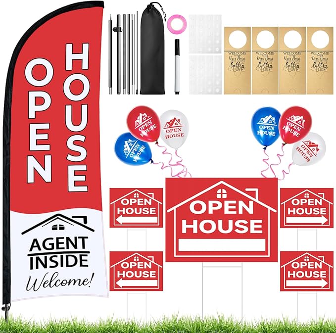 44 Pcs Open House Signs for Real Estate Agent Supplies, Double Sided Open House Flag with Poles Kit, 7.6 x 5.4 Ft Red Opening Sign Banner Set, 5 Pack Yard Signs with Metal Stakes 30 Balloons-Ruum Studio Home