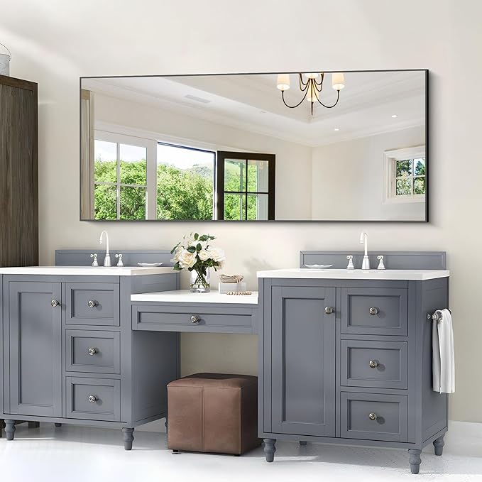 Black Bathroom Mirror for Wall, 60x30 Inch Rectangle Mirrors with Metal Frame, Modern Vanity Wall Mirror Decor for Bathroom Living Room, Entryway Hangs Horizontal or Vertical-Ruum Studio Home