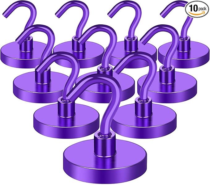 MIKEDE Strong Magnetic Hooks, 110Lbs Heavy Duty Magnetic Hooks for Cruise, Neodymium Earth Magnets with Hooks for Hanging, Super Metal Industrial Magnets for Grill, Storage (Purple,10 Pack)-Ruum Studio Home