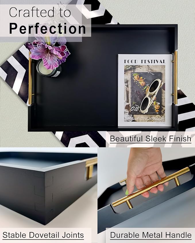 22 Inch Rectangle Black Ottoman Tray with Gold Metal Handles, Extra Large Wooden Serving Tray for Living Room, Coffee Table, Kitchen & Hosting-Ruum Studio Home