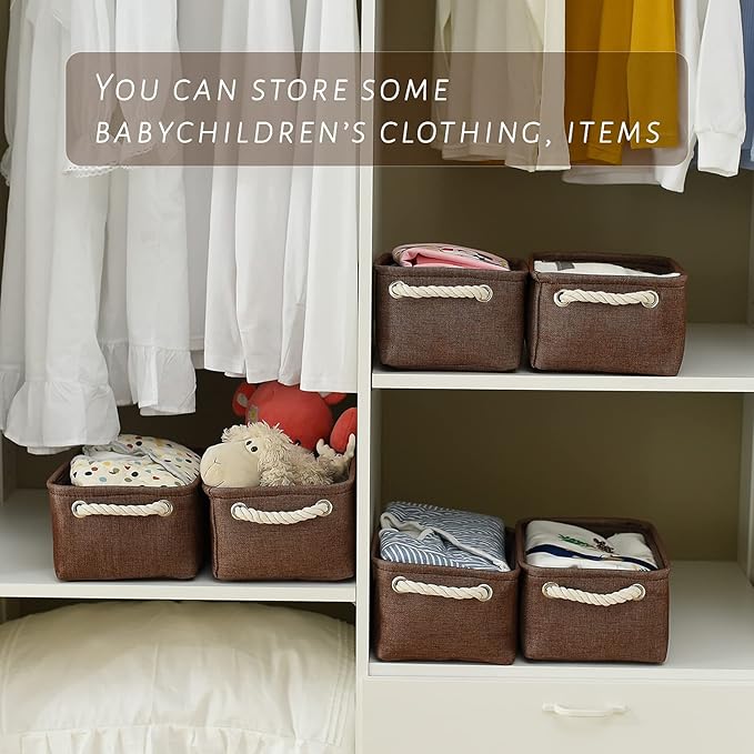 TheWarmHome Storage Basket for Organizing - 12x8x5 inch Small 6 Pack Collapsible Storage Bin for Shelves with Handles, Canves Storage Box for Cloth Closet Organizer Gift Toy (Brown)-Ruum Studio Home