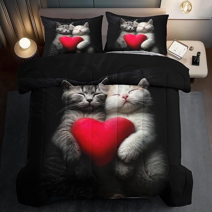 Cute Cat Comforter Set Twin,Kawaii Cat Bedding Set for Girls,Cute Animal Comforter Red Love Heart Bedding Decor,Kawaii Farm Animal Quilt Patterns Kids and Adults-Ruum Studio Home