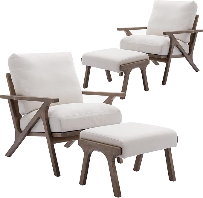 chairus 2 Sets Mid-Century Modern Accent Chairs with Ottoman, Linen Fabric Armchair with Wood Legs Comfy Upholstered Single Sofa Chair for Living Room/Bedroom/Lounge, White-Ruum Studio Home