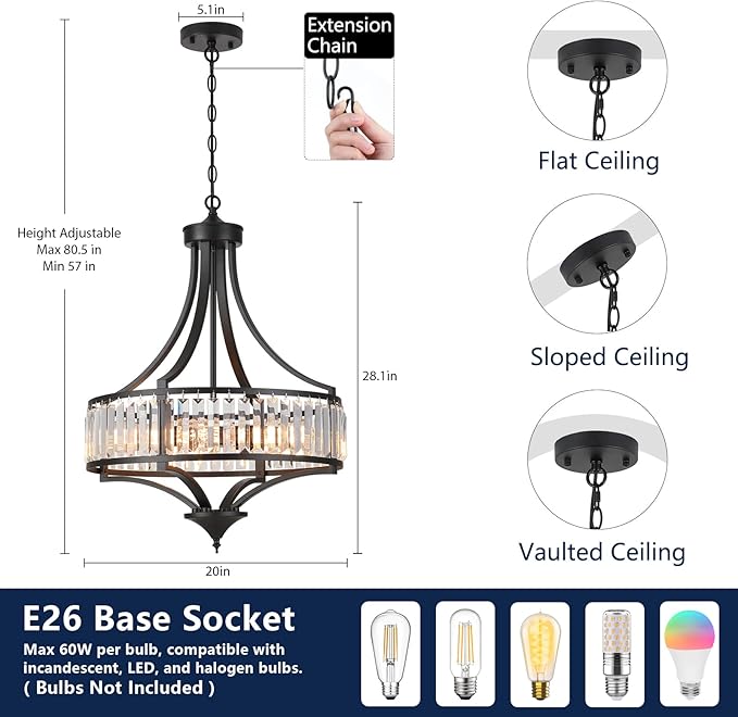 Modern Black Crystal Chandelier, 20 Inch Large Ceiling Pendant Light Fixture with 50'' Adjustable Hanging Chain, 5-Light Farmhouse Chandelier for Dining Room, Living Room, Bedroom, Entryway-Ruum Studio Home