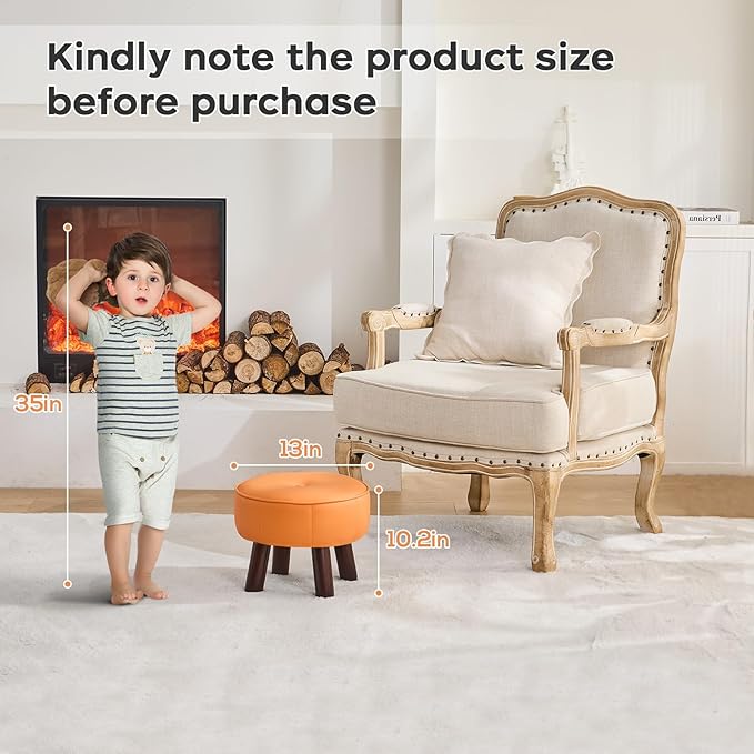 13in Small Foot Stool Ottoman, Round Faux Leather Foot Rest for Couch, Under Desk Pouf Footstool Footrest with Non-Skid Rubber Legs for Ling Room, Bedroom, 13''L x 13''W x 10.2''H, Orange-Ruum Studio Home