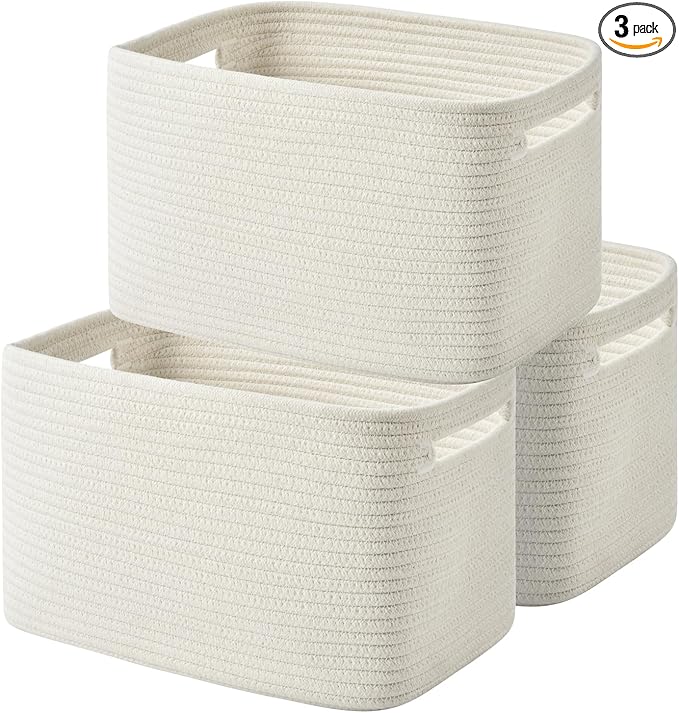 Storage Basket - Woven Cotton Rope Baskets for Organizing, Decorating Shelves, Books, Towels, Toys - 3 Pack - White-Ruum Studio Home