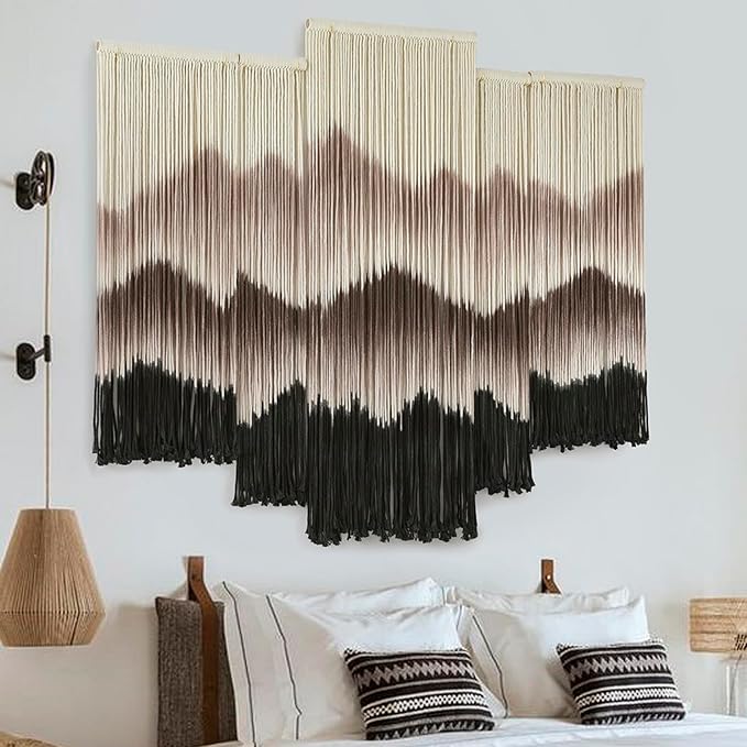 IOWER Large Macrame Wall Hanging Mountain Handmade Brown Dip-Dyed Boho Wall Decor 5Pcs Art Wall Decor for Bedroom Living Room Fiber Art Tapestry-Ruum Studio Home