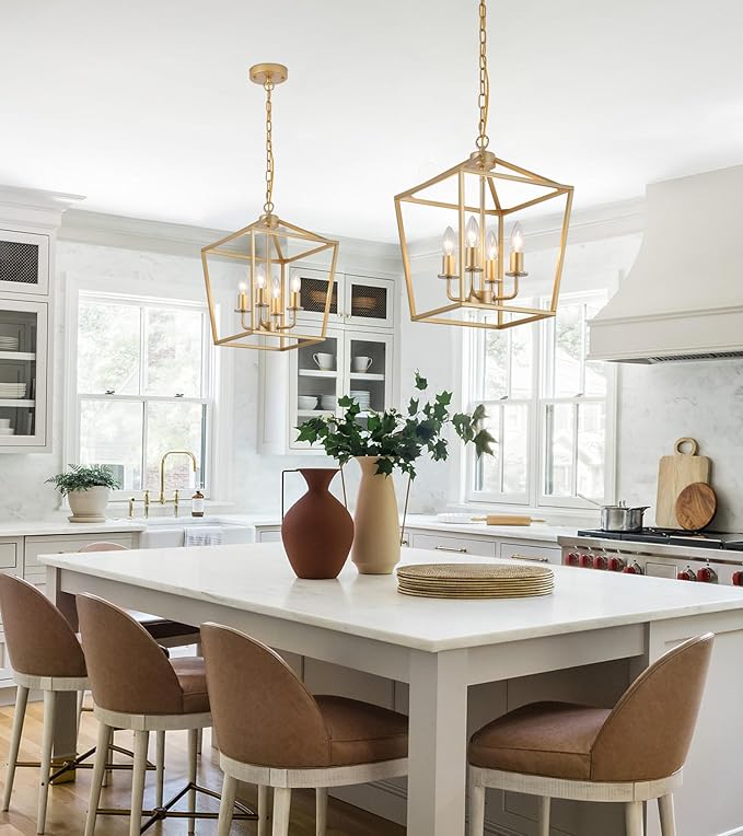 Industrial 4 Lights Chandelier, Gold Lantern Ceiling Light Fixtures with Rustic Metal Cage Adjustable Height Farmhouse Geometric Hanging Light for Kitchen Island, Dining Room, Entryway, UL Listed-Ruum Studio Home