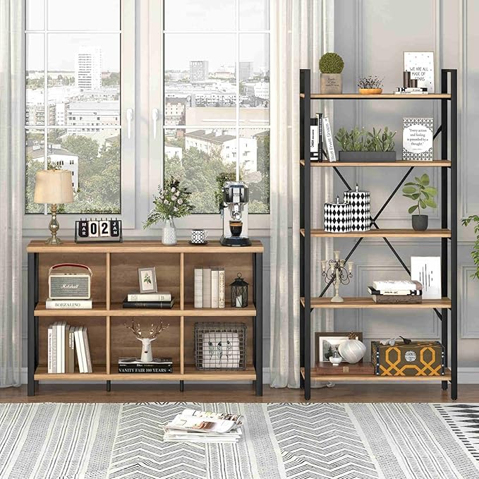 FATORRI 6 Cube Storage Organizer with Shelf, Long Wood and Metal Cubby Bookcase, Industrial Horizontal Bookshelf (Rustic Oak, 47 Inch)-Ruum Studio Home