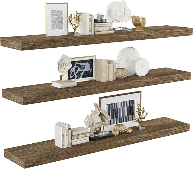BAMEOS Floating Shelves, Wall Mounted Wooden Shelves with Invisible Brackets Set of 3, Hanging Wall Shelves Decoration for Bedroom, Bathroom, Living Room and Kitchen-Ruum Studio Home