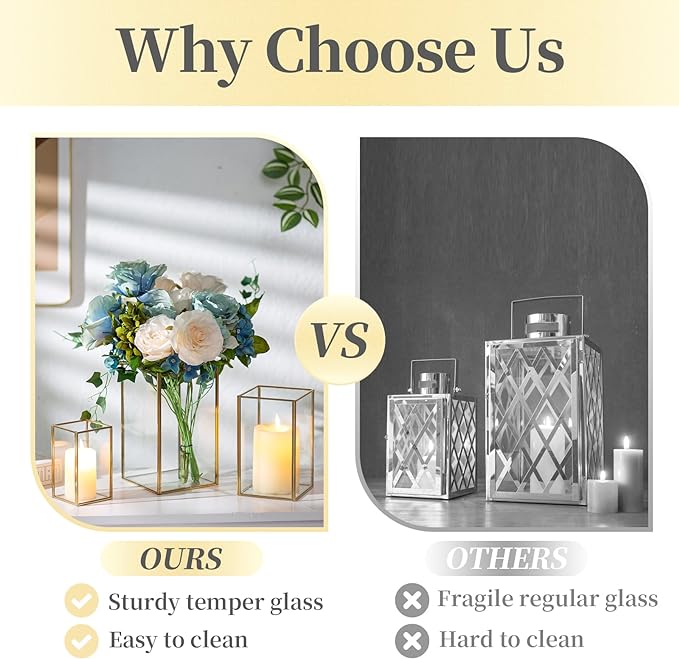 Glass Hurricane Candle Holder Large - Hewory 18pcs Gold Rectangle Flower Holders Centerpiece for Table, Tall Floor Square Pillar Candle Lantern for Wedding, Anniversary, Party, Fireplace, Dining Room-Ruum Studio Home