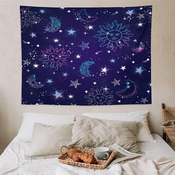HZOHNAGO Boho Sun Moon Tapestry Purple Blue Sun Stars Galaxy Pattern Printed Wall Tapestry Wall Hanging for Bedroom Living Room Dorm 80" W x 60" H-Ruum Studio Home