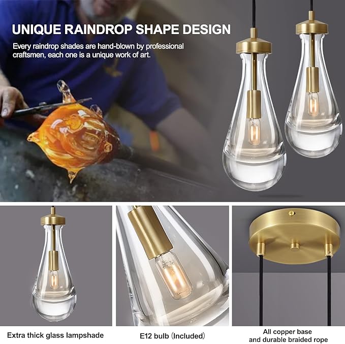 Brass Raindrop Pendant Lights Kitchen Island 2-Light, Cluster Gold Pendant Light Fixture for Bedroom, Dimmable Dining Room Light Fixture Hanging Pendant Lighting Ceiling Chandelier for Foyer-Ruum Studio Home
