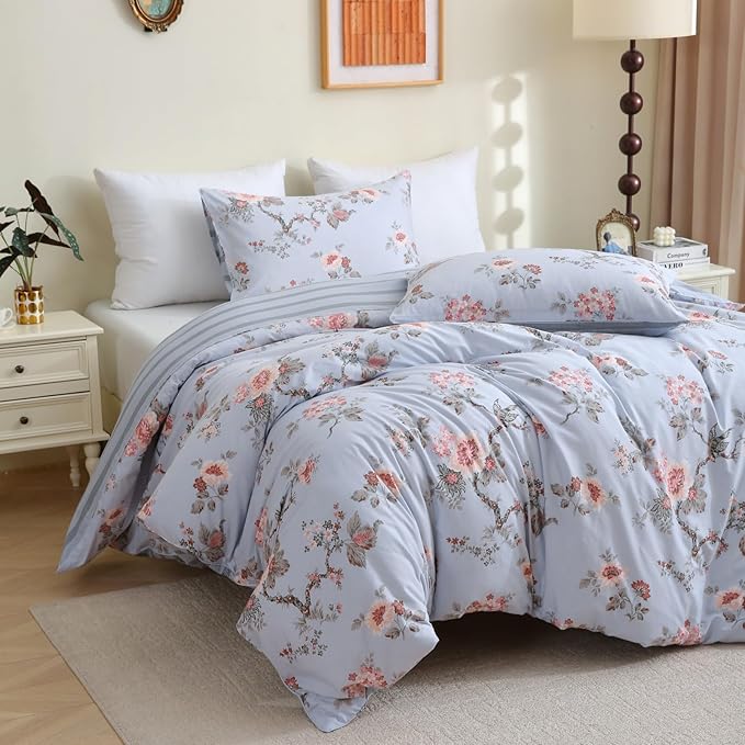 ABREEZE Floral Duvet Cover Queen Size Set Bird Flowers Bedding Set 100% Brushed Cotton Bedding Collection 1 Duvet Cover with 2 Pillowcases Grey-Ruum Studio Home