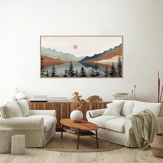 Tinonedraw Boho Mountain Framed Canvas Wall Art Set, Watercolor Nature Landscape Wall Decor, Neutral Modern Sunrise Artwork, Black Pine Trees Forest Art Prints for Living Room Bedroom Office 20"x40"-Ruum Studio Home