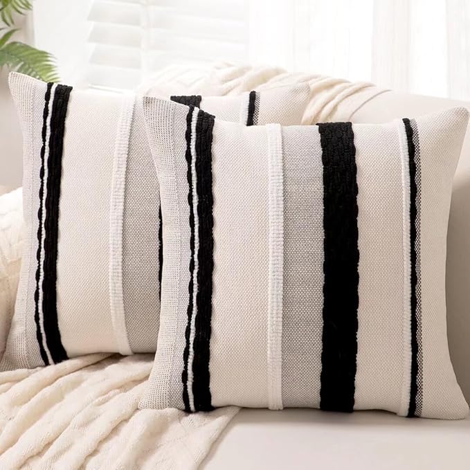 Boho Throw Pillow Covers 18x18 Set of 2 Farmhouse Decorative Cushion Case Striped Square Pillows Cover Chenille Pillow Cases Accent Neutral Pillowcase for Sofa Couch Bed,Black and White-Ruum Studio Home