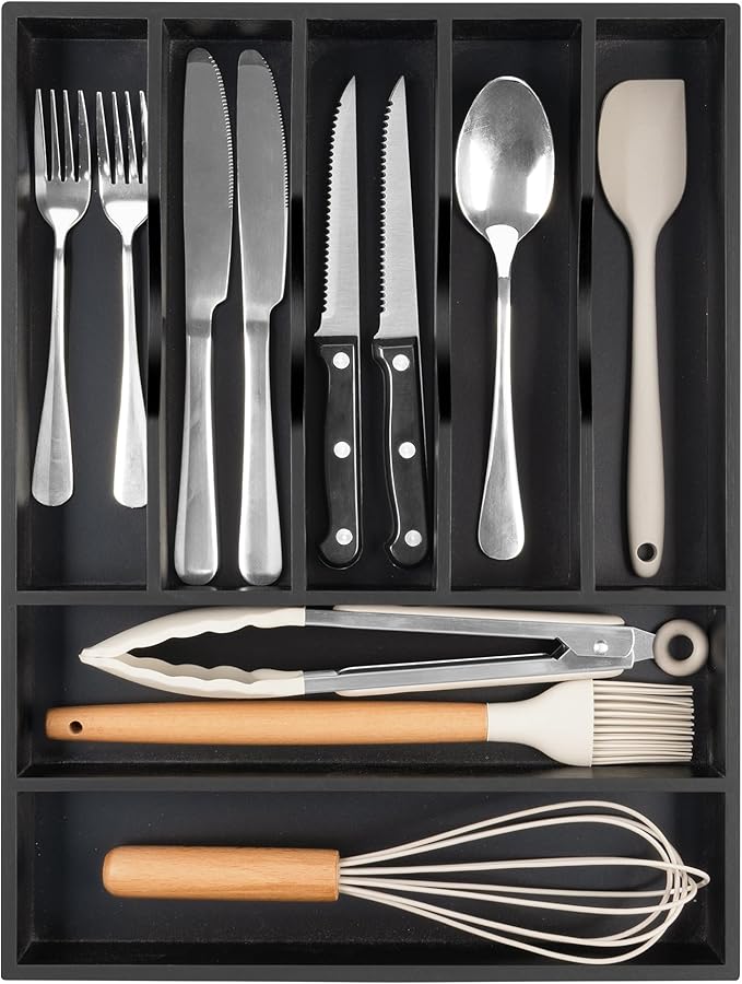 Bellsal Bamboo Silverware Drawer Organizer, Utensil Kitchen Drawer Organizer, Utensil Holder Cutlery Tray with Grooved Drawer Dividers for Kitchen Utensils and Flatware Bedroom Office (7 Slot, Black)-Ruum Studio Home