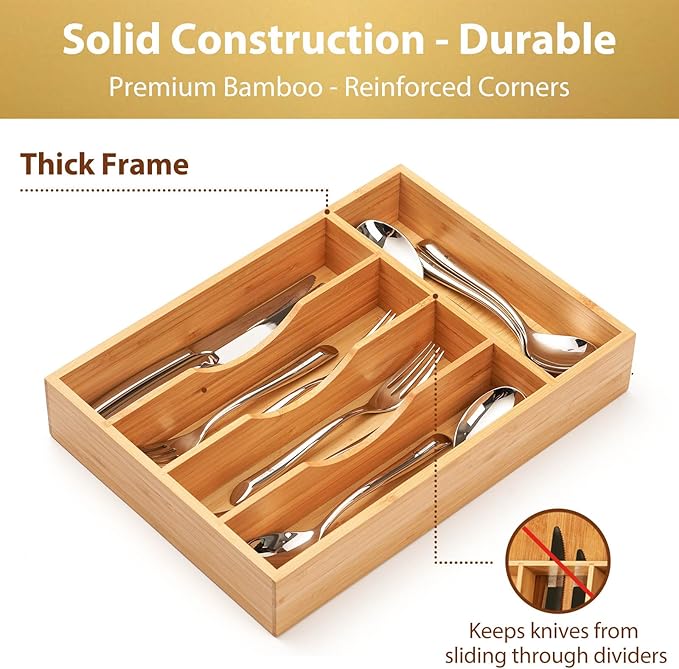 Umilife Kitchen Drawer Organizer, 10 Inch Silverware Utensil Tray Holder, Extra Deep, with Non-Slip Feet & Grooved Drawer Divider, 5 Slots Total Bamboo Wood Caddy for Flatware Cutlery Knives-Ruum Studio Home