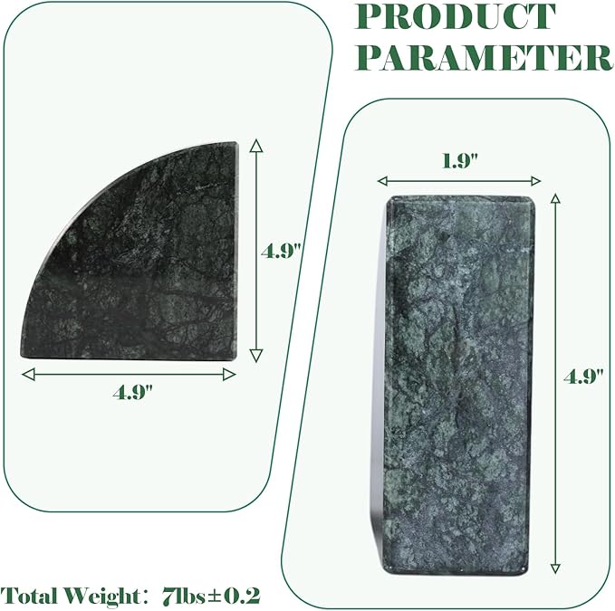 Marble Bookend for Shelves, Non-Skid Bookends for Heavy Books, Heavy Duty Book Stopper for CDs, Luxury Book Shelf Holder, Quarter Circle Design Book Ends Decorative, Indian Green, Set of 2-Ruum Studio Home