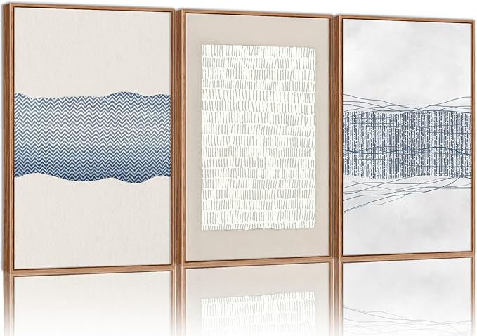 SIGNINART Large Abstract Framed Canvas Wall Art Set of 3, Minimalist Boho Line Art Prints, Modern Neutral Aesthetic Wall Decor, Blue and White Art Paintings for Living Room, Bedroom, Office 16"x24"-Ruum Studio Home