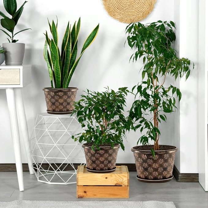 16 Inch Planter Pots for Plants, Plastic Large Flower Pots Indoor Outdoor, 4 Pack Resin Plant Pot with Drainage & Saucer, Retro Decorative Garden Pot with Removable Trays for House-Ruum Studio Home