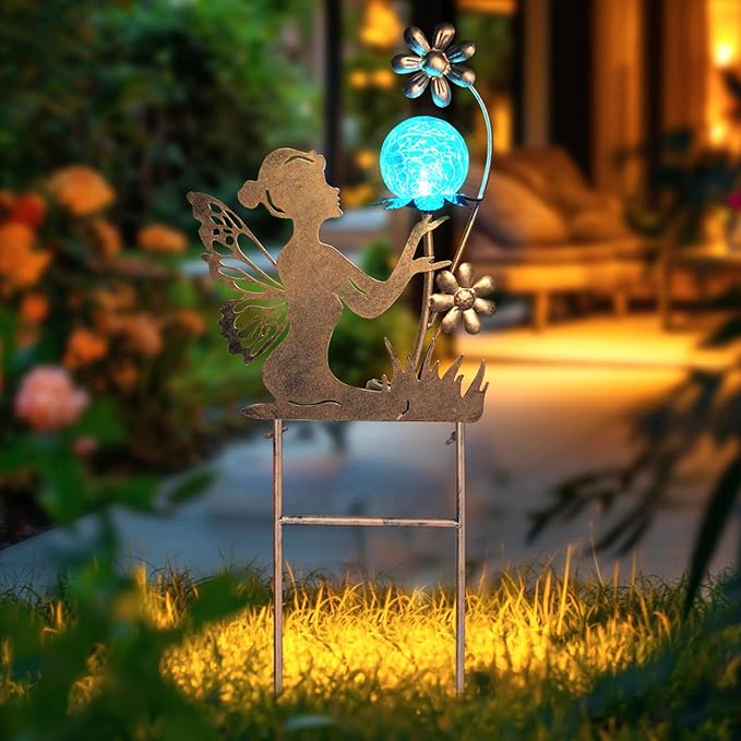 HONGLAND Solar Garden Lights Outdoor Decor, Fairy Figurine Moon Crackle Glass Lights Stake, Housewarming Ornament for Patio, Lawn, Yard, Pathway - Unique Gardening Gifts for Women Mom Grandma-Ruum Studio Home