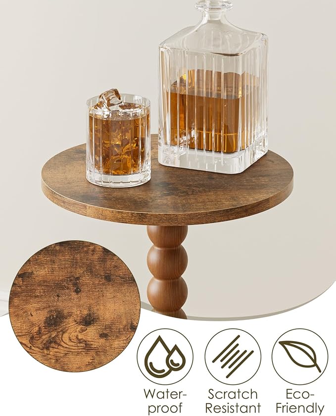 Masupu Round Side Table, Small End Table for Small Spaces, Pedestal Drink Table with Solid Wood Leg for Living Room, Bedroom, Corners(Rustic Brown)-Ruum Studio Home